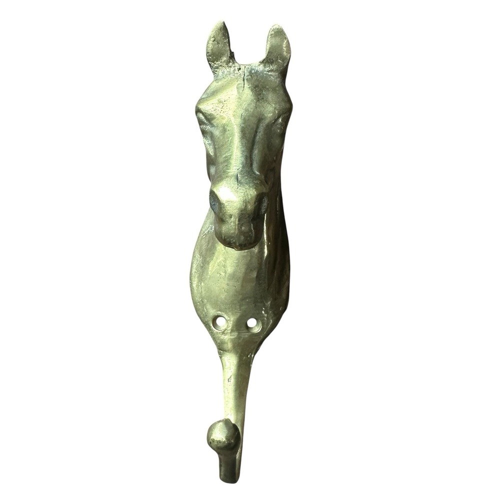 Vintage Equestrian Style Brass Horse Head Wall Mounted Hook Patina 6.25" Tall